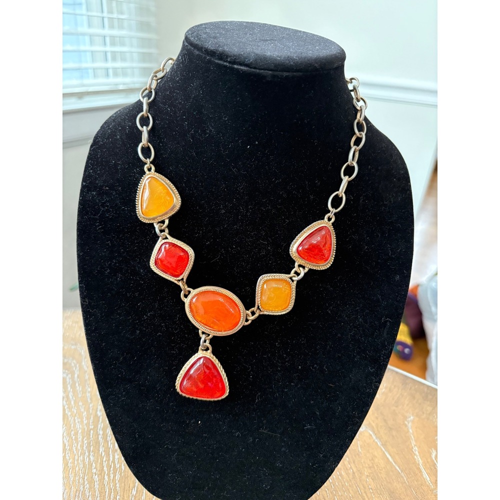 Boho Statement Necklace Red Orange‎ Amber Resin Silver Tone Geometric Bib Chunky